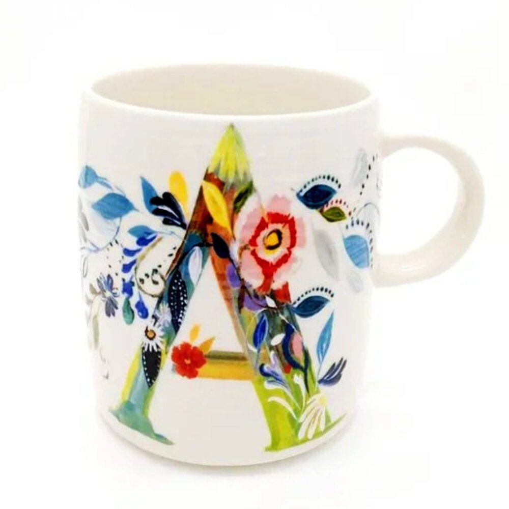 Anthropologie Starla M Hoffman Letter 'A' Monogram Floral Coffee Cup Mug